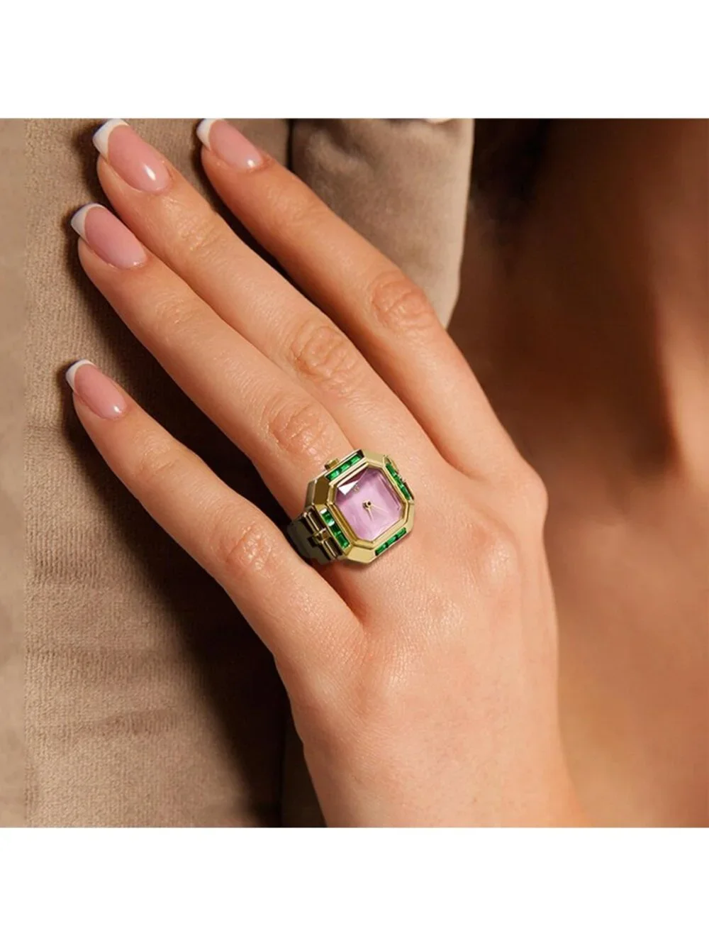 Unisex Gold Pink Analog Quartz Gem Cut Lab Grown Sofia Prism Finger Ring Watch